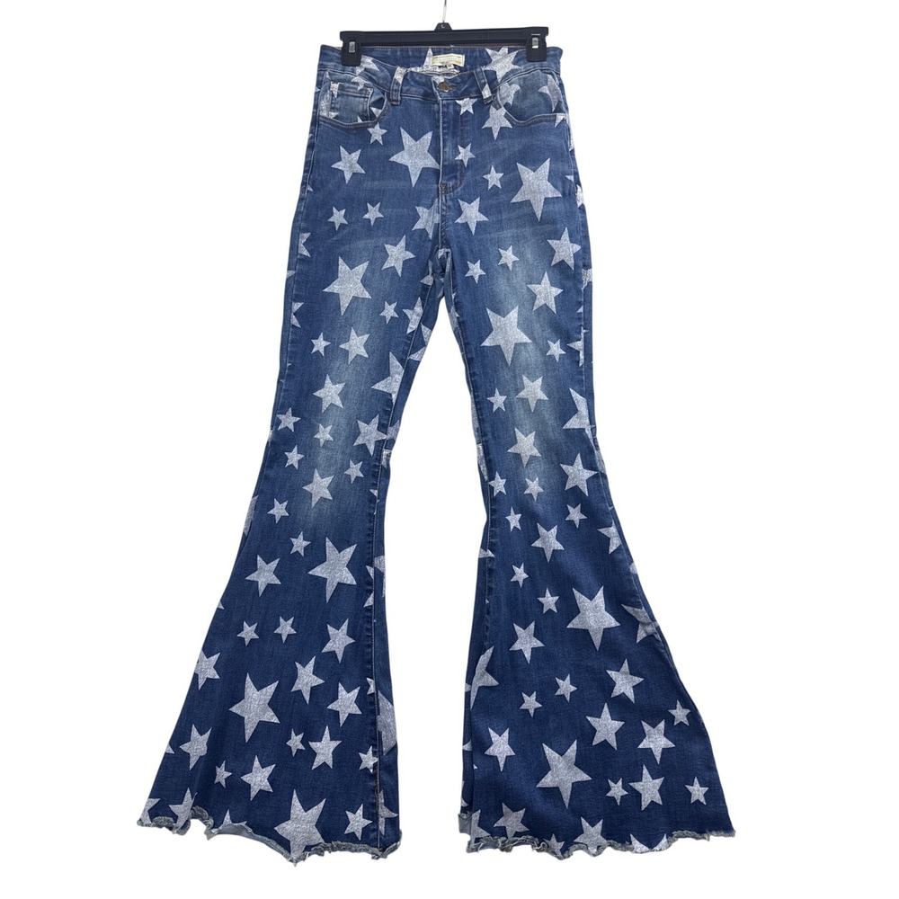 Turquoise Haven Star Print Bell Bottom Flare Jeans Blue Medium Wash Womens M